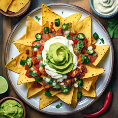 top view of loaded nachos highlights layers of tortilla chips, melted cheese, jalapeños, guacamole, and sour cream, embodying the festive and flavorful spirit of Tex-Mex cuisine