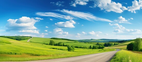 Country road in green field and blue sky with clouds. Panoramic view. - Powered by Adobe