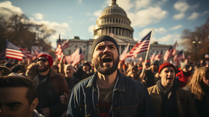 USA Republican Primaries: Patriotic People Rallying with American Flag in Support of Presidential Candidates. Political Engagement and National Pride Concept. - obrazy, fototapety, plakaty