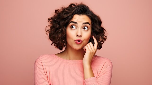 shocked or thinking young woman in pink sweater looking isolated on pink