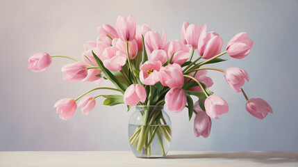 A vase filled with pink tulips