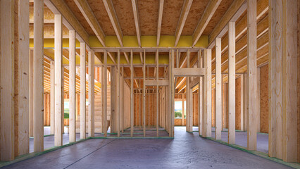 Inside assembling a frame house. 3d illustration