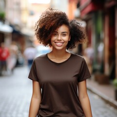 Black woman wearing blank empty t-shirt for mockup