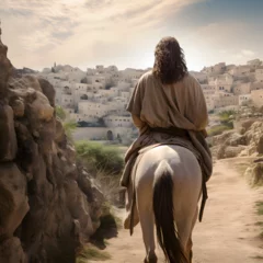 Zelfklevend Fotobehang Jesus Christ riding into Jerusalem on a donkey. Generated ai.  © PixelHD
