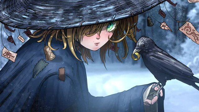 A sweet young superstitious girl in a Japanese straw hat with protective amulets looks incredulously from under her brows, a crow with a ring in its beak is on her hand. approaching 2d animated art
