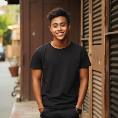 Obraz premium A young male teenage model wearing empty blank t-shirt for mockup