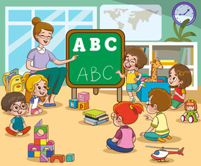 School teacher and children studying in classroom vector illustration. Cartoon teacher educating student children, standing at classroom blackboard and teaching children.