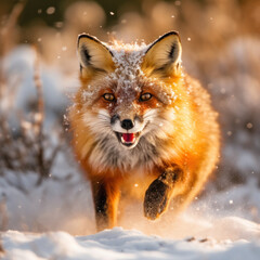 An intimate shot of a red fox pouncing in the snow 
