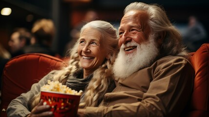 Happy senior couple enjoying cinema entertainment together and eating popcorn