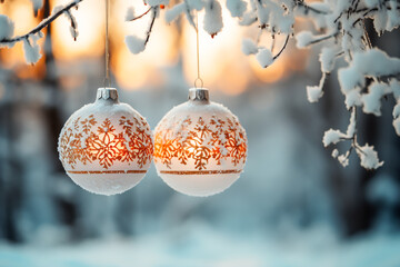 Christmas background with beautiful golden balls and blurred pine trees.