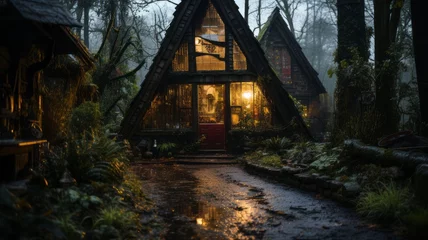 Badezimmer Foto Rückwand An illuminated house in dark foggy night nature © senadesign