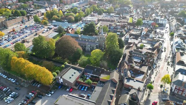 Aerial Time Lapse Footage of Residential District Homes at Central Hitchin Town of England Great Britain. The Footage Captured with Drone's Camera on October 28th, 2023