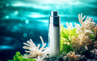 Collagen extract cosmetics of deep sea plants for product mockup. Algae plant essence with sea water cosmetic flat blue bottle with sea salt. Undersea mock up background. - obrazy, fototapety, plakaty