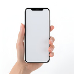 Mockup of a hand holding a smartphone with a blank screen and white background