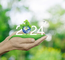 2024 white text with planet and tree on green grass in hands over blur green tree in park, Happy...