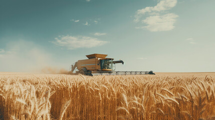 Obraz premium Harvest Symphony: Wheat Thresher in Golden Fields, Generative AI