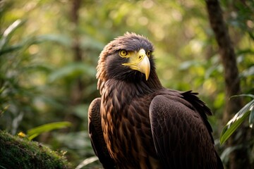 Fototapeta premium Majestic Eagle Prowls Jungle Depths in Soft Morning Light – Ultra Realistic Wildlife Photography Inspired by National Geographic