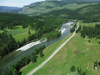 Aerial view of a green mountain landscape and alpine meadows where a river flows from the mountains and a beautiful coniferous forest stretches.