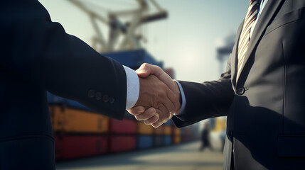 Businessmen Seal Container Export Deal with a Firm Handshake. Industrial Partnership and Successful Trade Negotiations Concept