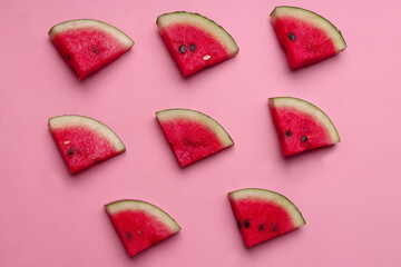 Slices fresh of watermelon on pink background. Watermelon represents support for Palestine. 