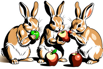 Fototapeta premium Draw three rabbits eating an apple. generative ai