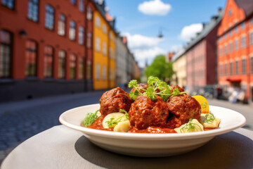 A serving of Danish frikadeller with a background that exudes the essence of traditional european cuisine.