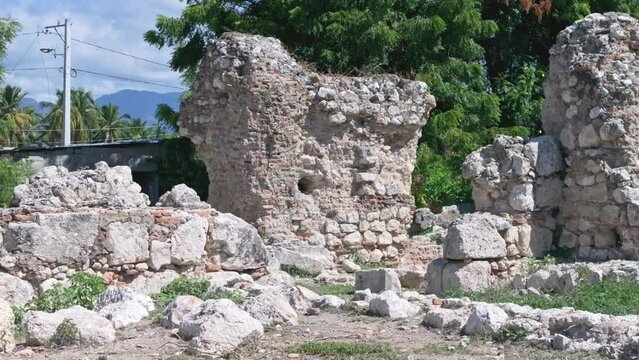 Sideways old remains of tomb of chieftain Enriquillo, historic burial site