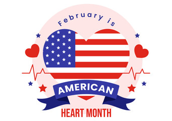 February is American Heart Month Vector Illustration with USA Flag and Red Love for Healthy in Flat Cartoon Background Design