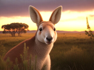 Naklejka na ściany i meble Cute Photo of a wallaby standing in the grass at sunset, Generative Ai