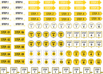 シンプル　ステップ　アイコン　順番　矢印　グラフィック　素材　セット　吹き出し　1〜10　黄色 - obrazy, fototapety, plakaty