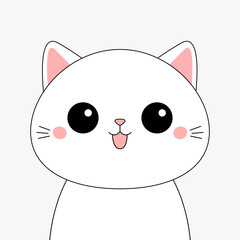Cat face head line contour silhouette icon. Funny kawaii sad doodle animal. Pink cheeks, tongue, ears. Cute cartoon baby character. Pet collection. Flat design. White background.