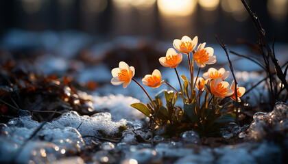 Crocuses blooming through melting snow at sunset - obrazy, fototapety, plakaty
