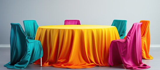 Colorful silk tablecloths and chairs in the meeting room Copy space image Place for adding text or design