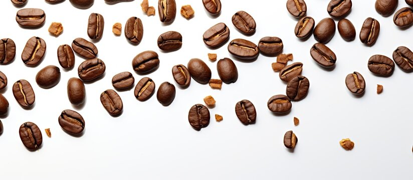 Coffee beans flying on a white backdrop Copy space image Place for adding text or design