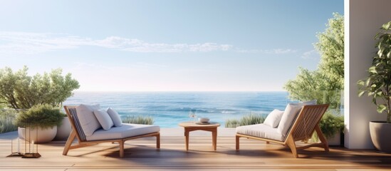 Deck with sea view in modern beach house or luxury villa Copy space image Place for adding text or design - obrazy, fototapety, plakaty