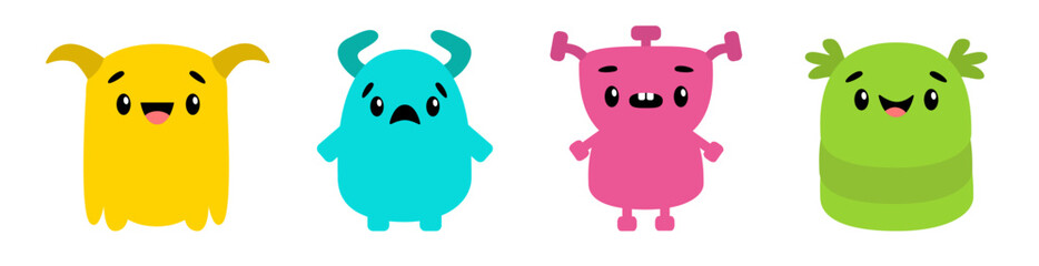 Cute monster set line. Happy Halloween. Cartoon kawaii funny boo baby character. Face with horns, teeth, eyes. Colorful silhouette monsters. Different emotions. White background. Flat design.