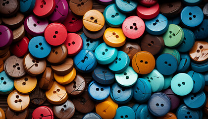 Obraz premium Colorful wooden buttons with two and four holes scattered on a table