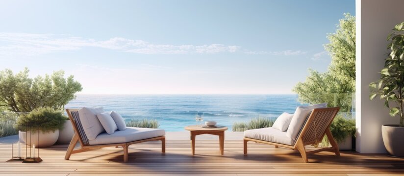 Deck with sea view in modern beach house or luxury villa Copy space image Place for adding text or design