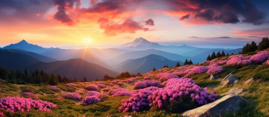 Obraz premium Colorful Carpathian mountains landscapes in Ukraine Europe featuring a lawn with pink rhododendron flowers and a beautiful summer sunset Copy space image Place for adding text or design