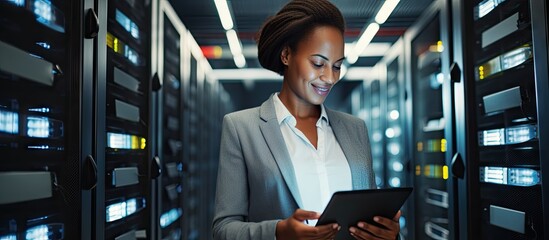 Female e business entrepreneur enjoys using a tablet while IT engineer and system administrator work in a cloud server farm Copy space image Place for adding text or design - Powered by Adobe