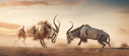 Fierce battle of male Gemsbok on dusty Etosha plains Copy space image Place for adding text or design - obrazy, fototapety, plakaty