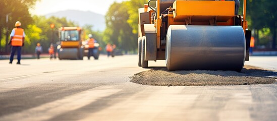 Extensive perspective of road rollers at a construction site Copy space image Place for adding text or design - obrazy, fototapety, plakaty
