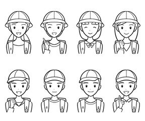 通学時の小学生の男子女子　笑顔のアイコンセット（線画）