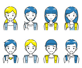 ランドセルを背負った小学生の男子女子　笑顔のアイコンセット（シンプル）