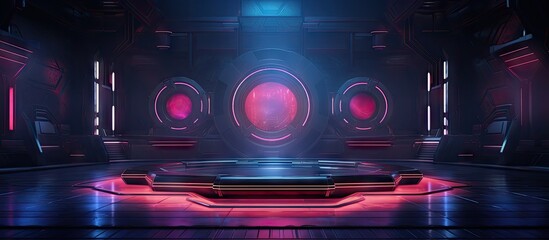 Cyberpunk style metaverse game with neon lit stage scene Copy space image Place for adding text or design - obrazy, fototapety, plakaty