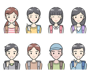 ランドセルを背負った小学生の男子女子　笑顔のアイコンセット