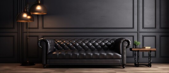 Contemporary black interior with brown leather chester sofa lamp table carpet wood floor mouldings...