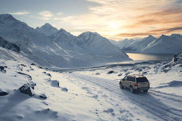 a luxury SUV from above, seen dominating a rugged snowy trail, its path etched between frosted peaks under the clear winter sky - obrazy, fototapety, plakaty