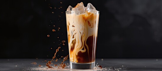 Cream being poured into cold coffee in a tall glass showcasing the drink s texture on a light gray background Copy space image Place for adding text or design - obrazy, fototapety, plakaty