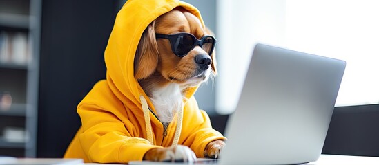 Cute dog wearing glasses hoodie working from home during quarantine Stay at home Copy space image Place for adding text or design - obrazy, fototapety, plakaty